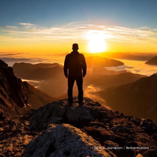 Firefly man standing at the top of a mountain with the sunrise looking successful 95148