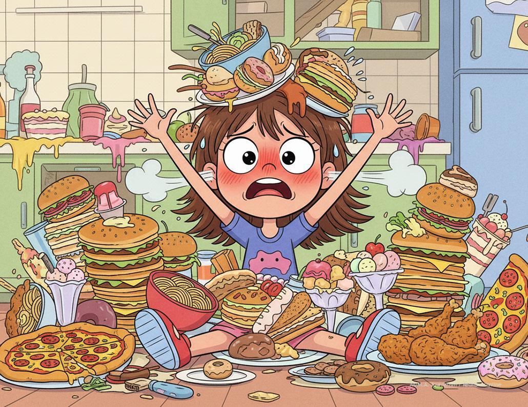 Firefly_Gemini Flash_a girl with a ton of food around her looking flustered animated 471393